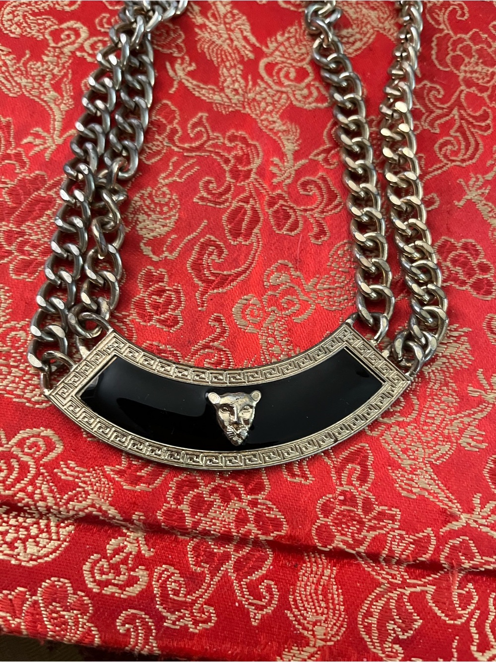 Gold-Tone Chain Necklace with Black Enamel Crest